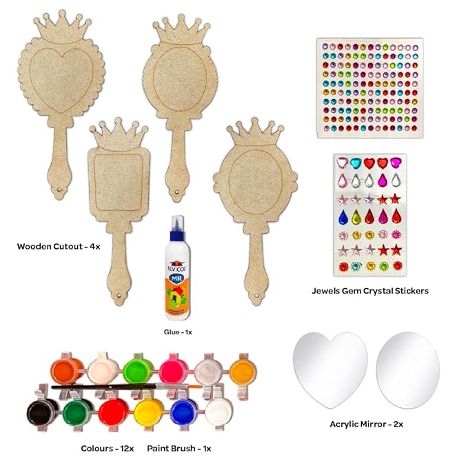 Mini Leaves Creative Me Wooden Mirror Diy Art and Craft Paint Kit for Kids 6+ Years | Decorate Your Own Princess Mirrors | Set of 4