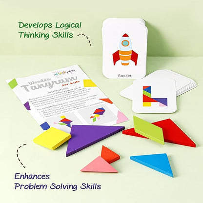 Firstcry Intelliskills Intelliskills 43 Pieces Wooden Tangram Puzzle | 7 Blocks With 36 Activity Cards Montessori Educational Gift for Kids