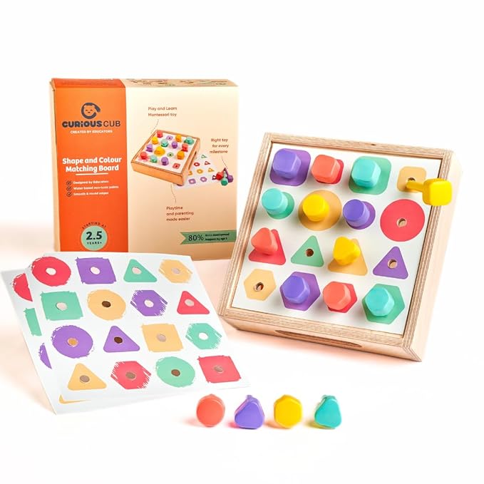 Curious Cub Montessori Shape and Colour Matching Peg Board | Educational Geometric Shape Puzzle | Sensory Learning & Brain Development Toy