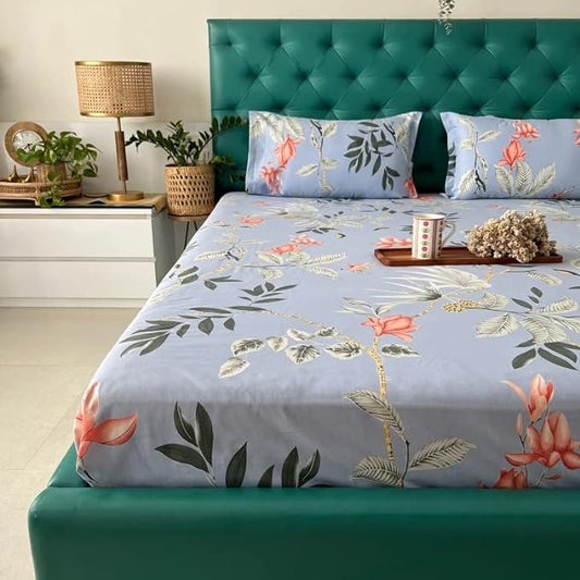 Urban Space Serene Cotton Bedsheet for Double Bed 2 Pillow Covers (Colour Bloom ray Grey)