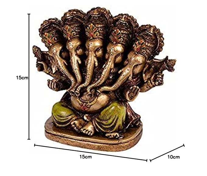 Indicast Resin 5" Inch Panchmukhi Lord Ganesha Hindu God Ganesh Ganpati Idol Figurine for Home Office House Warming Statue Murti