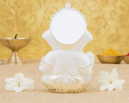 Gold Art India Silver plated White Ganesha for Car Dashboard Home Decor Gifting