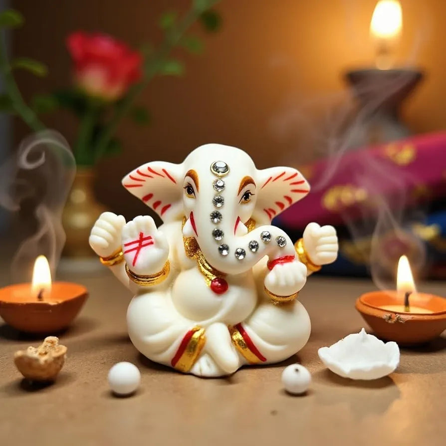 Unovate Ganesha Idol for Car Dashboard Elegant Marble Finish