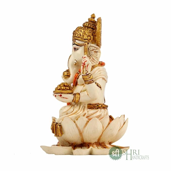 Indicast Resin 6.5" Inch Lord Ganesha Sitting on Lotus Fine Gold Painting Hindu God Ganesh Ganpati Idol Figurine