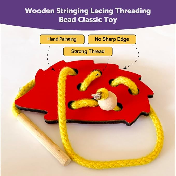 Mini Leaves Lacing Activity for Kids | Wooden Lacing Toys for Toddlers | Preschooler Educational fine Motor Skill Toys | Hedgehog