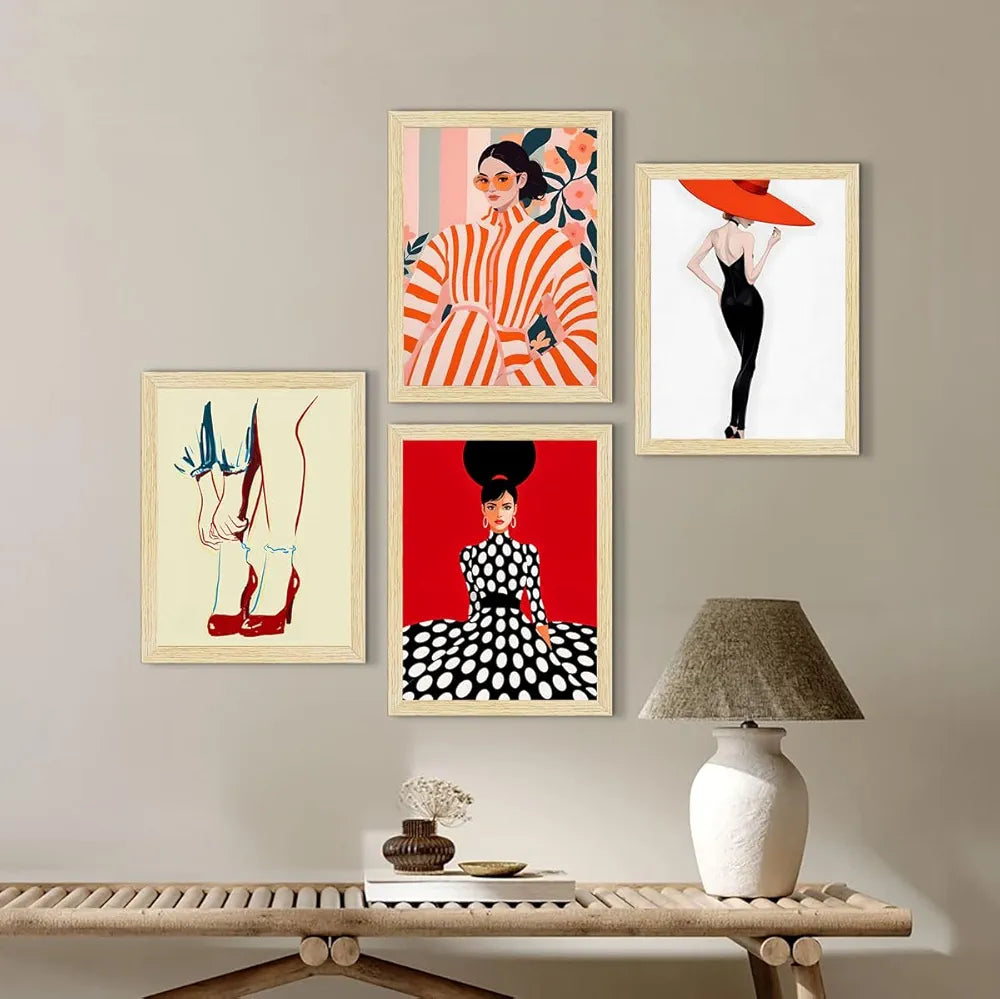 ArtX Paper Women Fashion Art Paintings with Frames Fashion-SO4-01 Set of 4