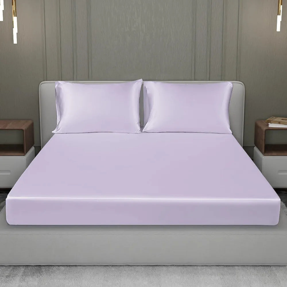 Cloth Fusion Satin Elastic Fitted Bedsheet for Double Bed King Size with 2 Pillow Covers H603 280 TC Lilac Colour