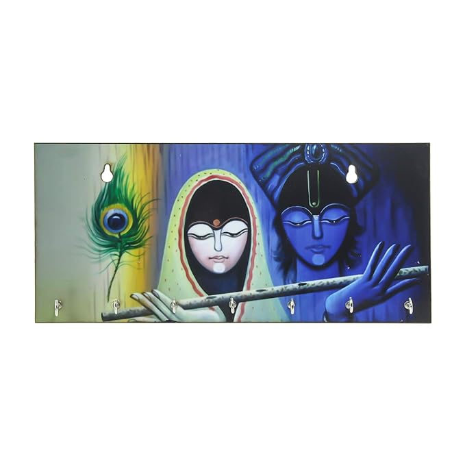 Ecraftindia Radhe Krishna Theme Wooden Key Holder With 7 Hooks
