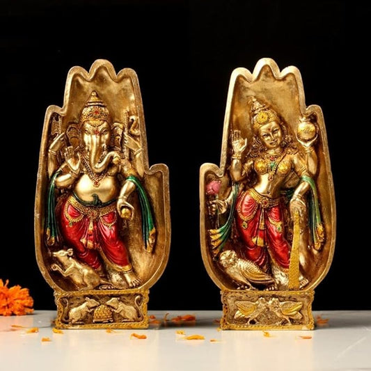 Indicast 8" Inch Namaste Lakshmi Ganesh Copper Painting Idol Decorative Showpiece Handcrafted Lakshmi Ganesh Murti for Home Office