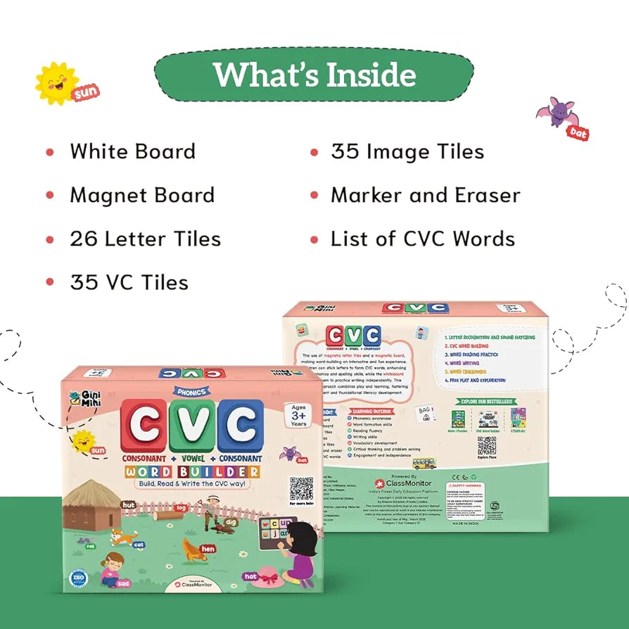 GiniMini CVC Word Builder - Letter Tiles & Whiteboard - Learn to Read, Write & Build CVC Words - Educational Toy for Kids 3 4 5 6 Years
