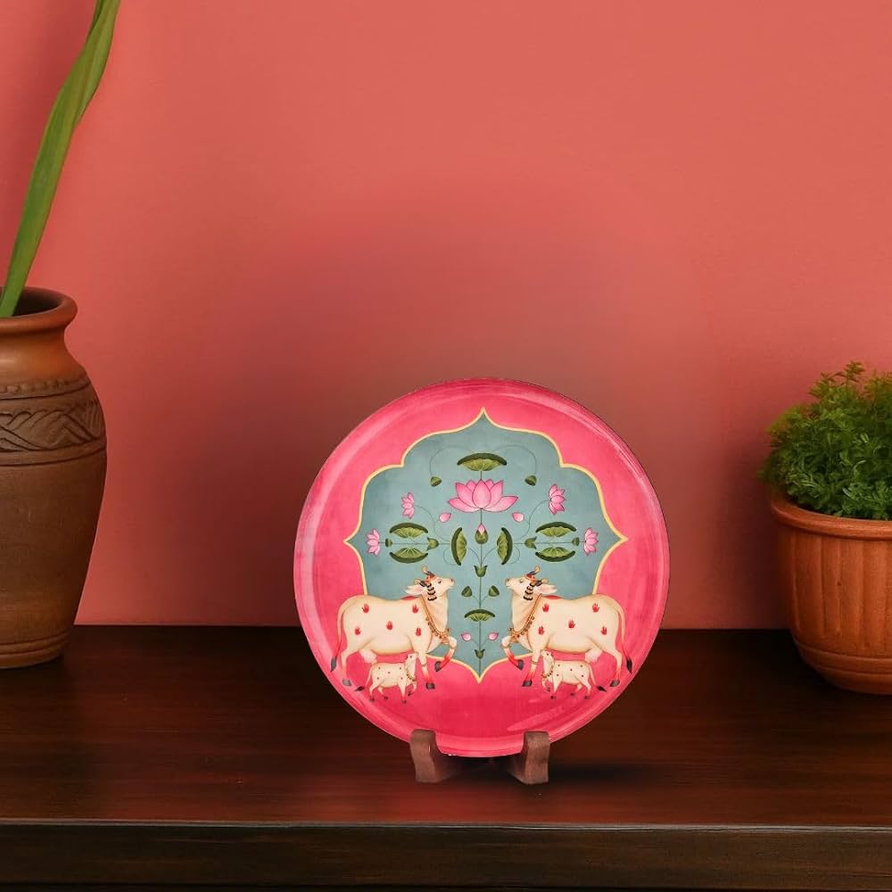 Ritualistic Pichwai Single Wall Plate for Home Decoration With 10 Inch Stand Aesthetic Room Decor Items