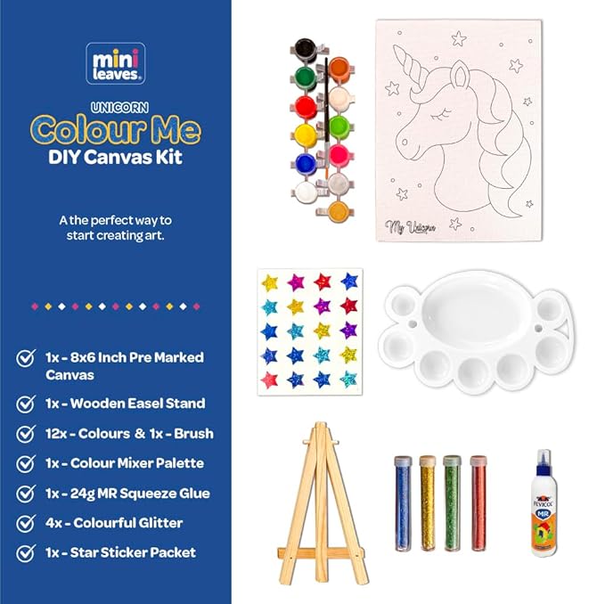 Mini Leaves Diy Art Set Unicorn Diy Canvas Art Kit With Wooden Easel, Premium Paint Kit for Kids 6+ Years