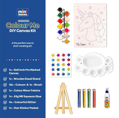 Mini Leaves Diy Art Set Unicorn Diy Canvas Art Kit With Wooden Easel, Premium Paint Kit for Kids 6+ Years