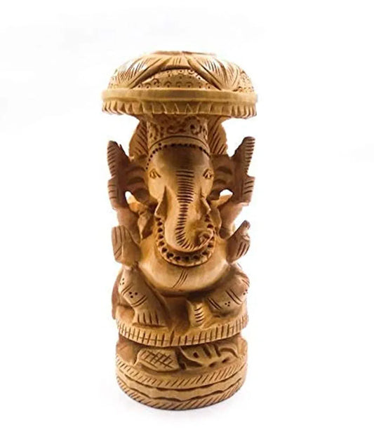 Shri Handicrafts 6" Hand Carved Lord Ganesha with Umbrella Wooden Idol