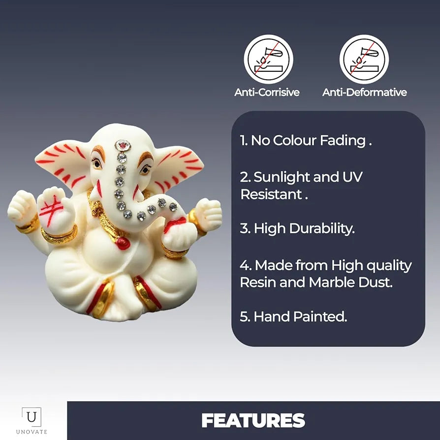 Unovate Ganesha Idol for Car Dashboard Elegant Marble Finish