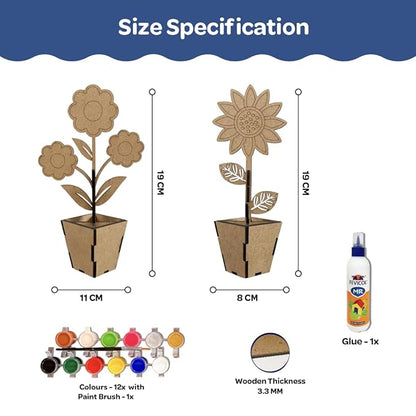 Mini Leaves Creative Me Diy 3d Wooden Flower Pots Art and Craft Paint Kit for 4+ Kids | Decoration Craft Kit for Kids | Set of 2