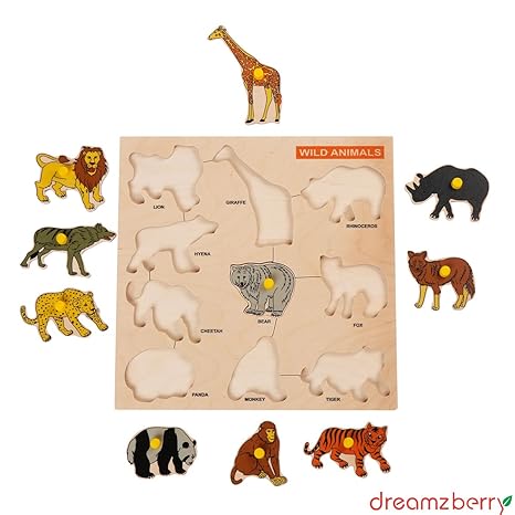 Dreamzberry Wooden Puzzles for Kids Colorful Wild Animal Kids Puzzle with Wooden Knob