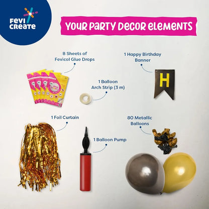 Fevicreate Unforgettable Celebrations with the Fevicreate Birthday Decor Kit - Metallic Balloons, Blowing Pump, Balloon Arch, Birthday Banner, Fevicol Glue Drops - Effortless Elegance!