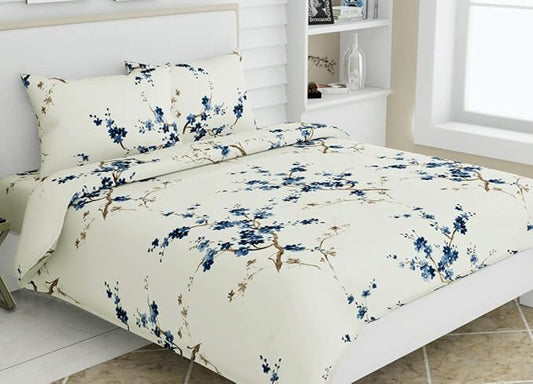 Haus & kinder Cotton Queen Size Bedsheet for Double Bed (90 X 100 Inches) with 2 Pillow Covers | 186 TC Bed Sheet Double Bed Floral Grace (Blue)
