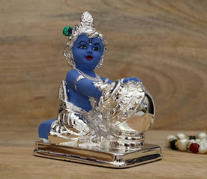 Indicast Hand Carved Silver Plated Laddu Gopal Lord Krishna Idol Sculpture Statue for Home and Office Decor & Gifts