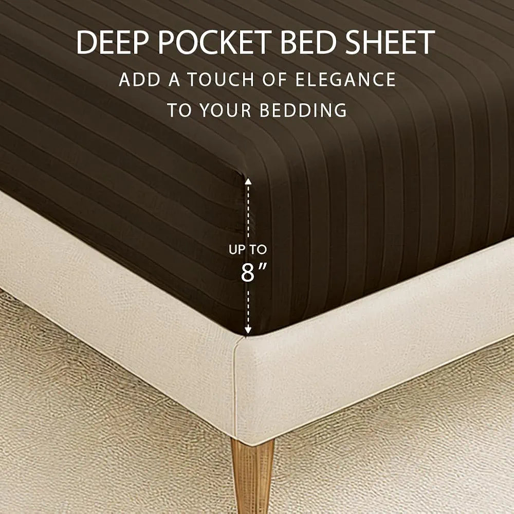 Cloth Fusion Elastic Fitted Glace Cotton Satin Striped Bedsheet Single Size with 1 Pillow Cover Dark Brown