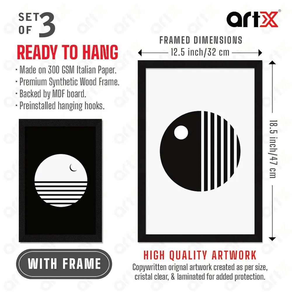 ArtX Paper Sun & Moon Wall Painting Big Size Framed Painting Multicolor Set Of 3