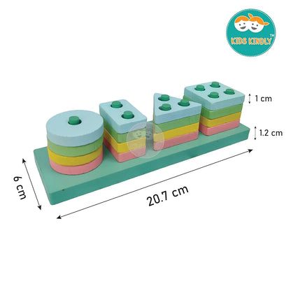 KIDS KINDLY Wooden Geometric Shape Sorter for Kids, Four Column Set - 16 Blocks, Birthday Gifts for Boys & Girls, Age 2+