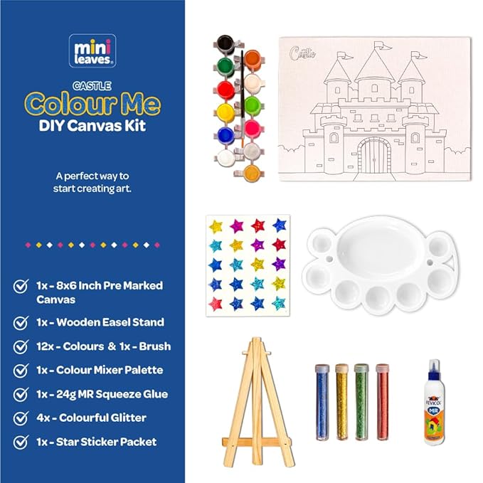 Mini Leaves Colour Me Castle DIY Canvas Art Kit with Wooden Easel, Premium Paint kit | Kids Ages 6-8- Single Piece
