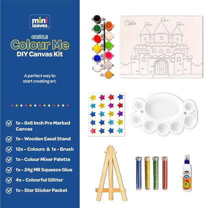 Mini Leaves Colour Me Castle DIY Canvas Art Kit with Wooden Easel, Premium Paint kit | Kids Ages 6-8- Single Piece
