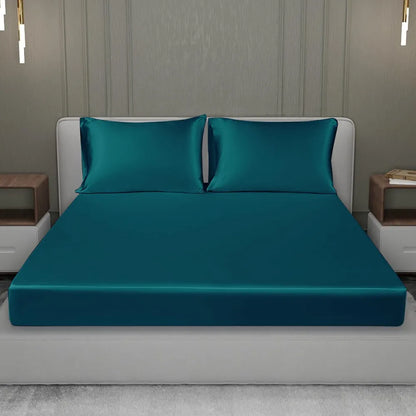 Cloth Fusion Satin Elastic Fitted Bedsheets Double Bed with 2 Pillow Covers Peacock Green