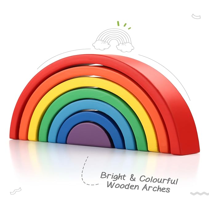 Firstcry Intelliskills Premium 7 Pcs Wooden Rainbow Blocks Stacker Game | Montessori Educational Round Stacking Toy for Kids