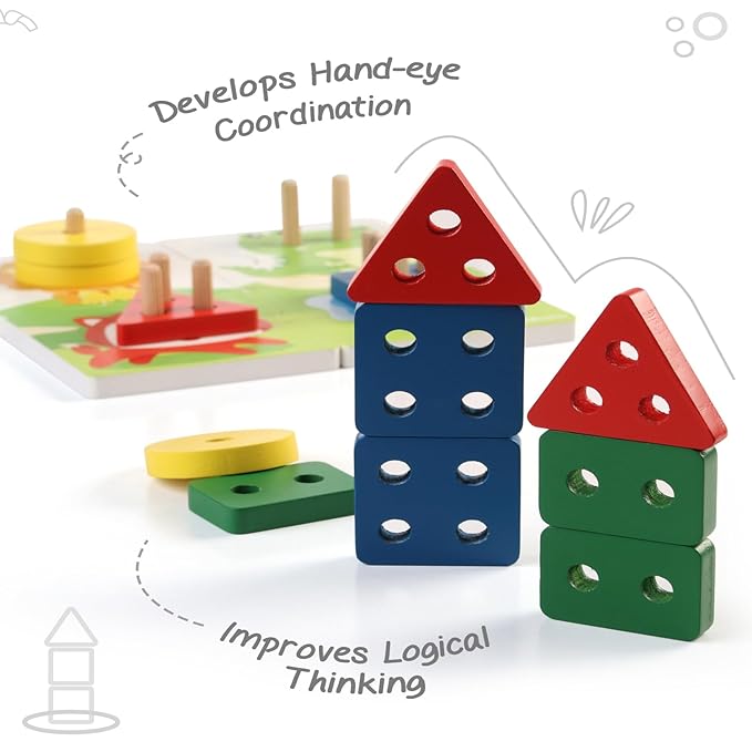 Fristcry Intelliskills Premium 18 Pcs Wooden Geometric Shape Sorter & Flash Card for Kids | Educational Blocks Puzzles for Boys & Girls