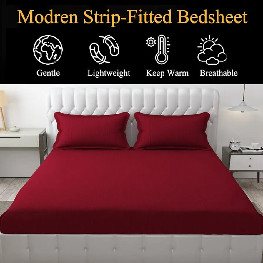 Fresh From Loom 240 TC Satin Striped Soft Fitted Bedsheet King Size Bed with Two Pillow Cover Elastic Multicolor Maroon