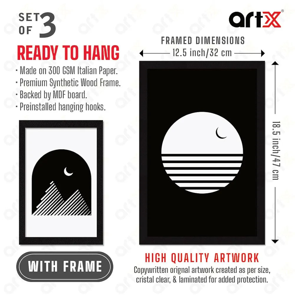 ArtX Paper Sun & Moon Wall Painting Big Size Framed Painting Multicolor Set Of 3