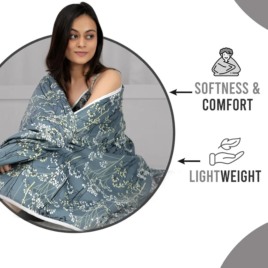 Divine Casa Microfibre All Weather Lightweight 120 GSM Printed Reversible Single Bed Quilt Comforter Blanket TC - 120 Colour Light Grey and White