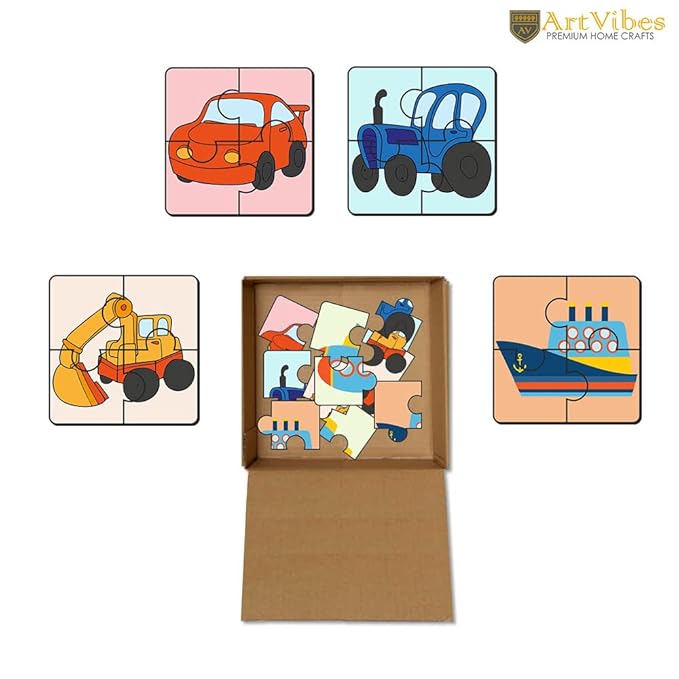 Artvibes Vehicle Wooden Jigsaw Puzzle Games for Children & Kids Age 2-5 | Toddler's Wooden 4 Pieces Puzzle | Set of 6