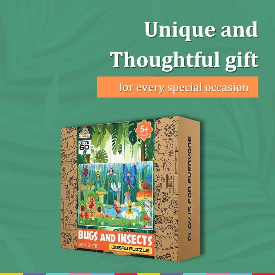 Playhills Wooden Puzzle Colourful Bugs and Insect Kingdom 60 Puzzle Pieces, Ideal Holiday/Birthday Gift for Kids 3,4,5,6,7 Years