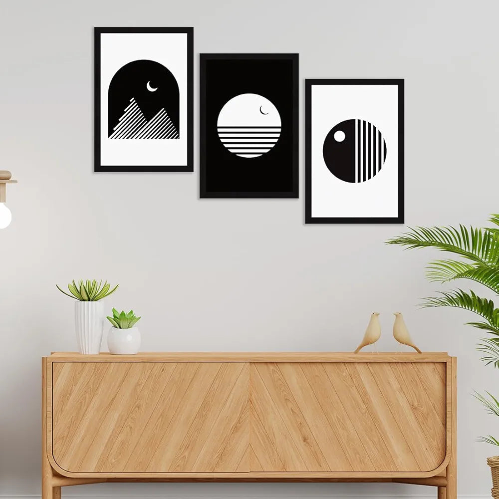 ArtX Paper Sun & Moon Wall Painting Big Size Framed Painting Multicolor Set Of 3