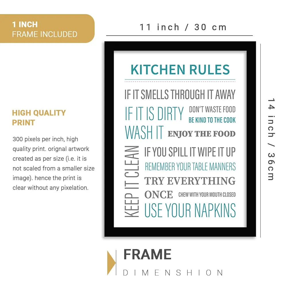 Kotart Kitchen Rules Wall Poster for Kitchen Typographic Design Framed Posters Design01
