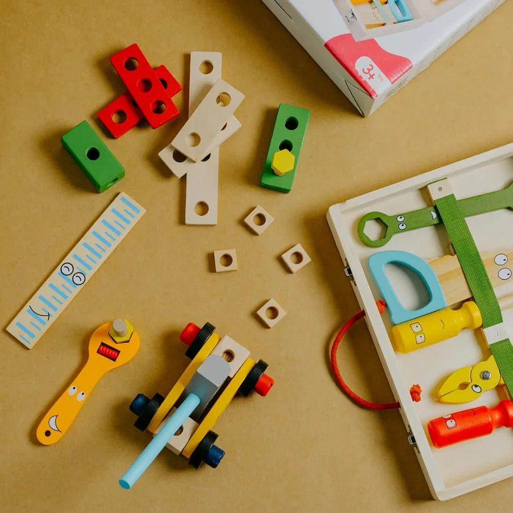 NESTA TOYS - Wooden Tool Kit Set with Tool Box | Pretend Play Portable Construction Tools Kit Toys for Kids | 33 Piece 