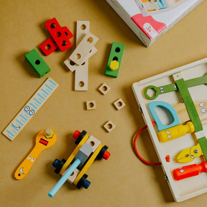 NESTA TOYS - Wooden Tool Kit Set with Tool Box | Pretend Play Portable Construction Tools Kit Toys for Kids | 33 Piece 