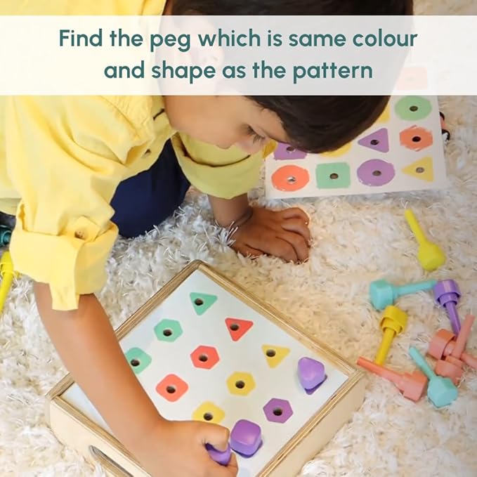 Curious Cub Montessori Shape and Colour Matching Peg Board | Educational Geometric Shape Puzzle | Sensory Learning & Brain Development Toy