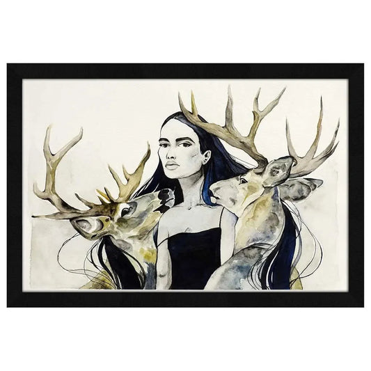 ArtX Paper Watercolor Stag Qween Framed Wall Art Painting Set of 1