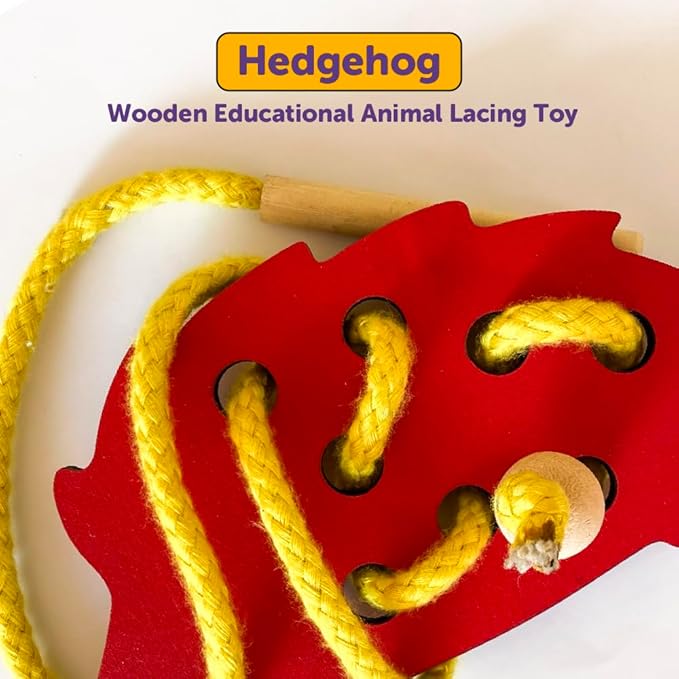 Mini Leaves Lacing Activity for Kids | Wooden Lacing Toys for Toddlers | Preschooler Educational fine Motor Skill Toys | Hedgehog