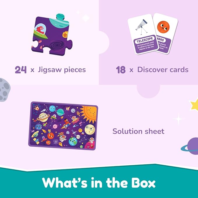 Bloomingo Search and Find Puzzle Kit | Spectacular Space | Explore Space & Find Planets | Discovery Cards & Solution Sheet