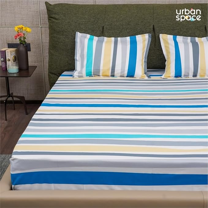 Urban Space Serene Bedsheet for Double Bed 2 Pillow Covers (Colour Multicolour Stripes Blue)