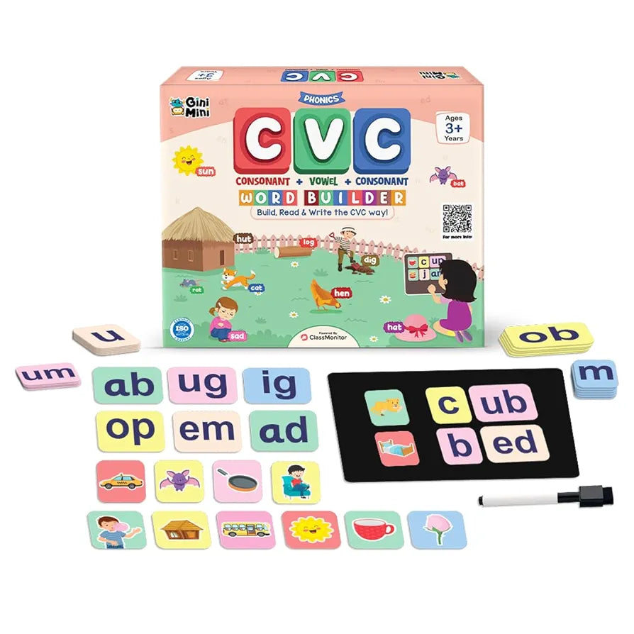 GiniMini CVC Word Builder - Letter Tiles & Whiteboard - Learn to Read, Write & Build CVC Words - Educational Toy for Kids 3 4 5 6 Years
