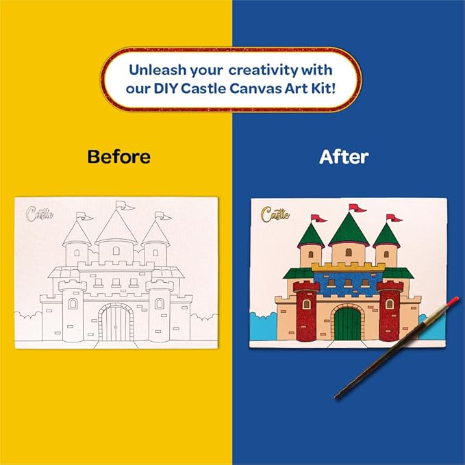 Mini Leaves Colour Me Castle DIY Canvas Art Kit with Wooden Easel, Premium Paint kit | Kids Ages 6-8- Single Piece
