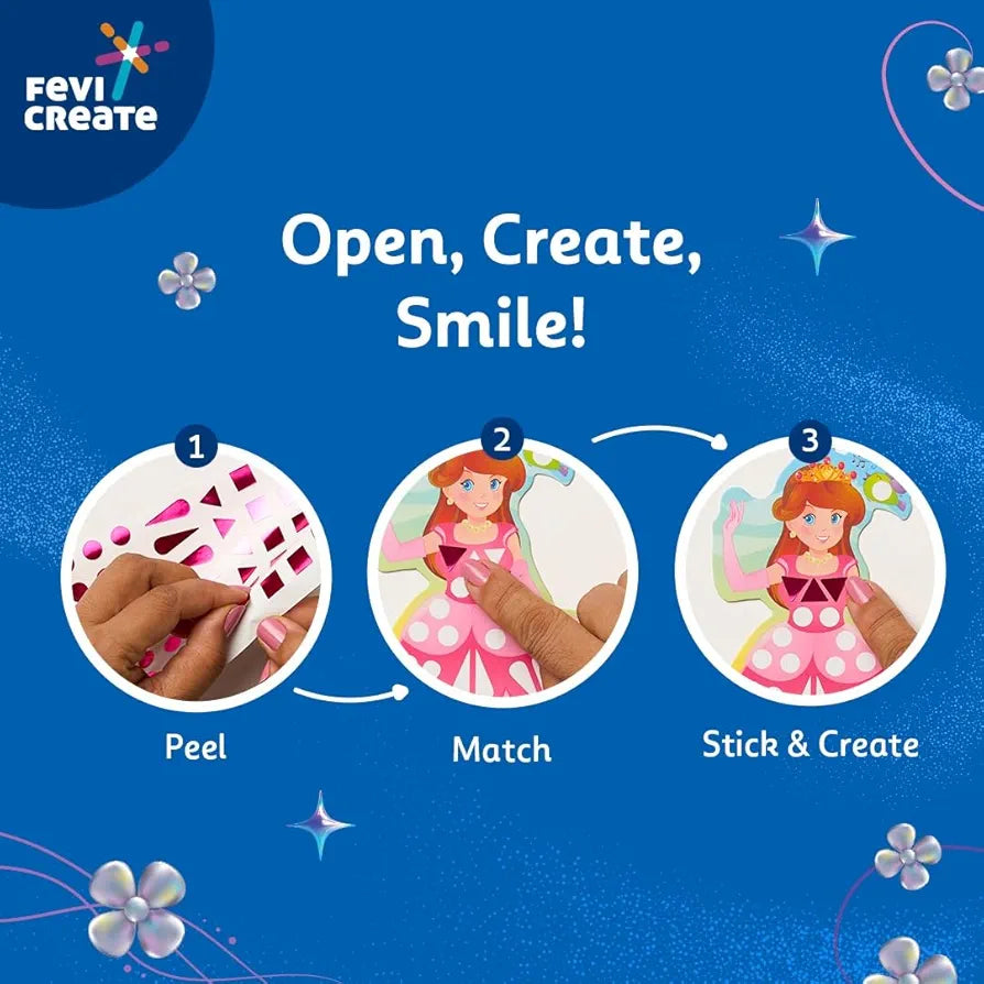 Fevicreate Stick-n-Create Mirror Magic Pretty Princess Kit | Sparkly Stickers | Princess Templates | Travel Friendly | Boosts Creativity | Screen-Free Play | Gifting | Ages 3 +