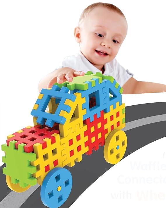 Firstcry Intelliskills Premium 47 Pcs Huge Waffle Connector Building Blocks With Wheels & Smooth Edges for Kids